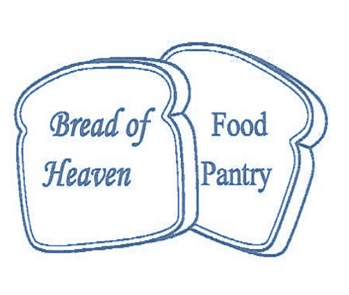 Two slices of bread illustration with text, "Bread of Heaven" and "Food Pantry," in stylized font, conveying a theme of community aid and sustenance.
